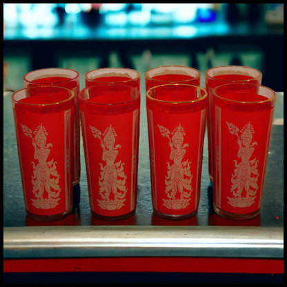 Set of 8 Vintage 1960's American Culver Mid Century Modern Red/Gold Siamese Thai Dancer Highball Glasses