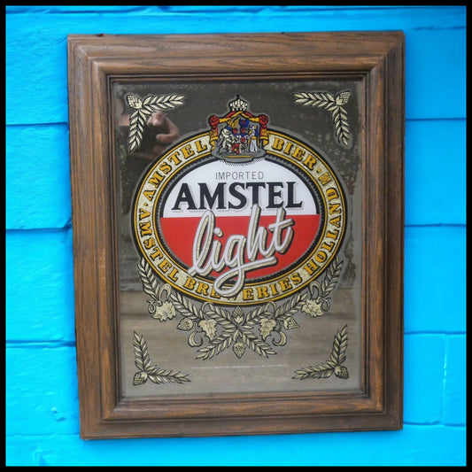 Vintage 1970's Amstel Light Beer Gold Foil Faux Wood Frame Bar Mirror