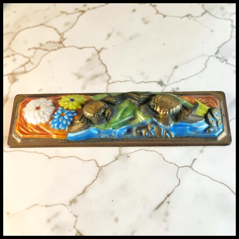 Early 20th Century Chinese Cloisonne on Brass Crabs/Flowers Rectangular Scholar's Scroll Weight