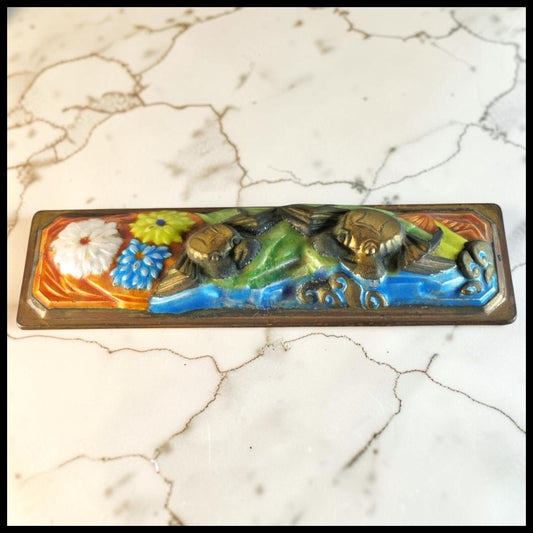 Early 20th Century Chinese Cloisonne on Brass Crabs/Flowers Rectangular Scholar's Scroll Weight