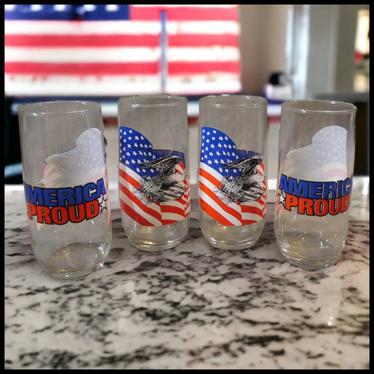 Set of 4 Vintage 1970's America Proud Eagle/Flag Motif Glasses