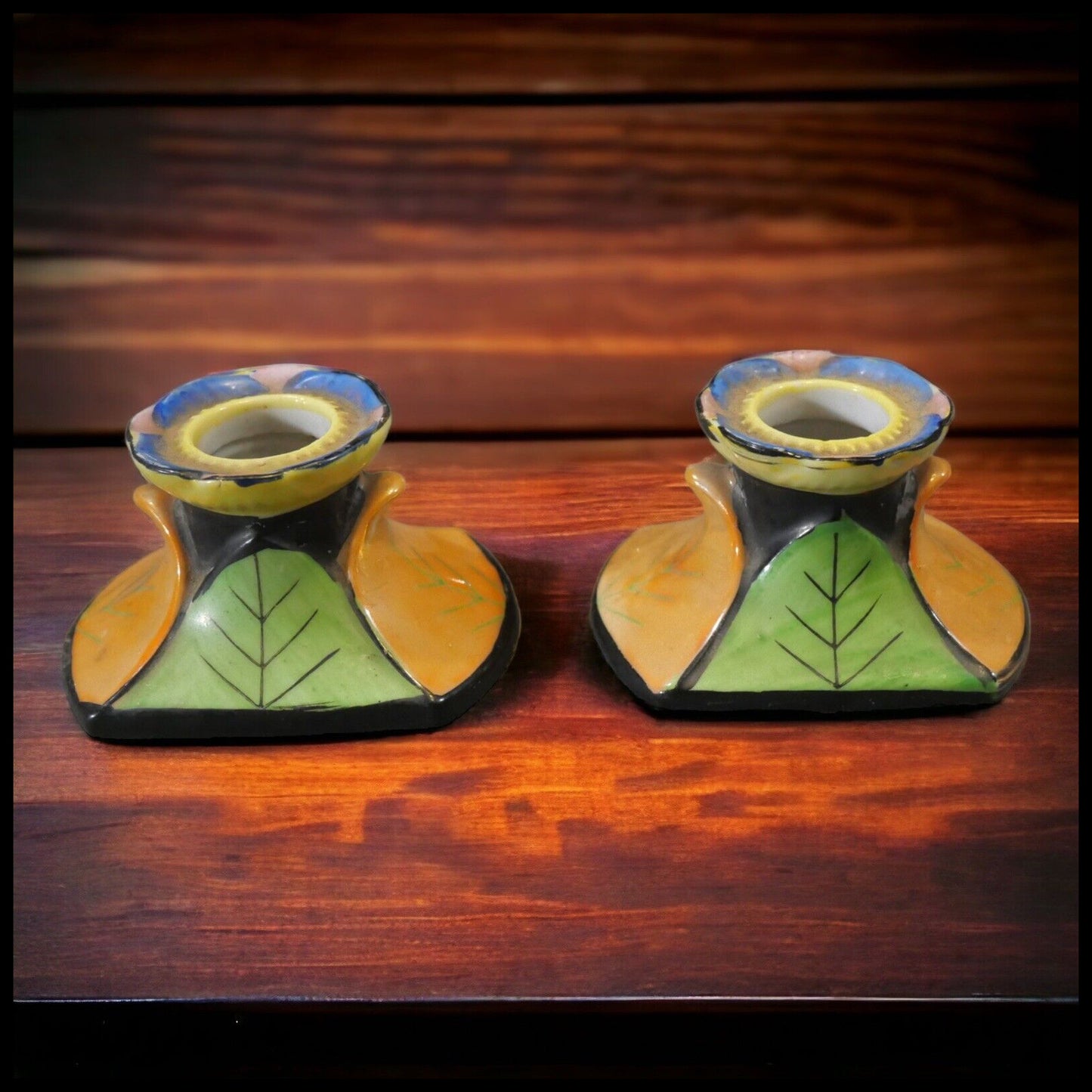Pair of 1930’s Japanese Art Deco Lustreware Porcelain Hand-Painted Leaf Motifs Candlesticks (Showa Period)