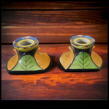 Pair of 1930’s Japanese Art Deco Lustreware Porcelain Hand-Painted Leaf Motifs Candlesticks (Showa Period)