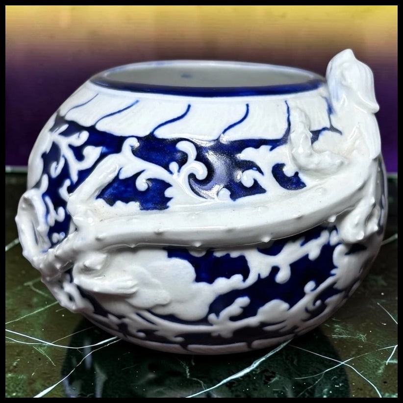 1885 English Victorian Royal Worcester Porcelain Japanesque Style Porcelain Brush Washer Form White/Cobalt Blue Raised Relief Dragon Motif Small Rotund Vase