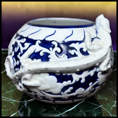 1885 English Victorian Royal Worcester Porcelain Japanesque Style Porcelain Brush Washer Form White/Cobalt Blue Raised Relief Dragon Motif Small Rotund Vase