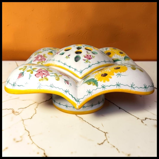Vintage 1990 Fabrica Sant'Anna Lisbon Portugal Pottery Ceramic Sunflower/Rose Motifs Flower Frog Bowl