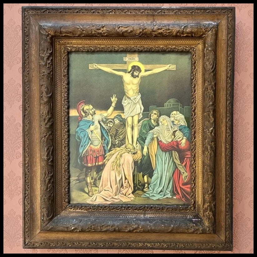 Circa 1900 American Victorian “The Crucifixion of Jesus Christ” Framed Chromolithograph Print