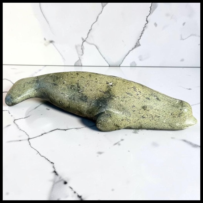 Vintage Canadian Inuit Beluga Whale Serpentine Stone Carving by Nooshoota Paduq (1979)