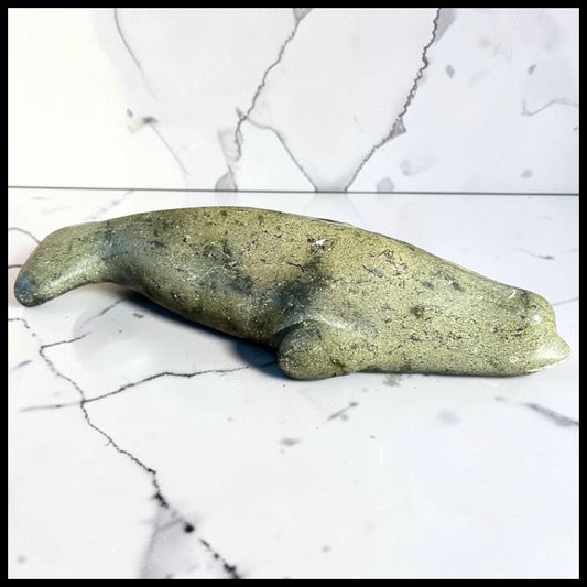 Vintage Canadian Inuit Beluga Whale Serpentine Stone Carving by Nooshoota Paduq (1979)