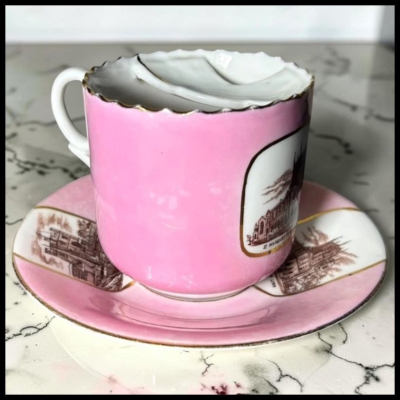 Late 19th Century German Victorian Schlesische Porzellanfabrik Louis Lövinsohn and P. Donath Gilded Pink Porcelain Mustache Cup and Saucer Set