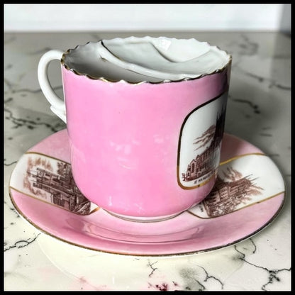 Late 19th Century German Victorian Schlesische Porzellanfabrik Louis Lövinsohn and P. Donath Gilded Pink Porcelain Mustache Cup and Saucer Set