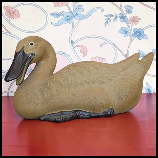 Vintage 1970’s Chinese Shiwan Pottery Clay Duck Laying Down Figurine