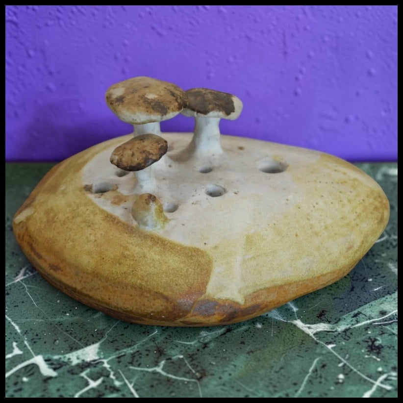 Vintage 1970’s Joyce McCollough Art Pottery Contemporary Style Stoneware Mushrooms on Log Flower Frog Sculpture