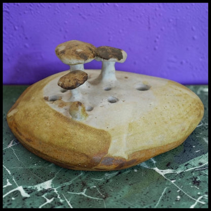 Vintage 1970’s Joyce McCollough Art Pottery Contemporary Style Stoneware Mushrooms on Log Flower Frog Sculpture
