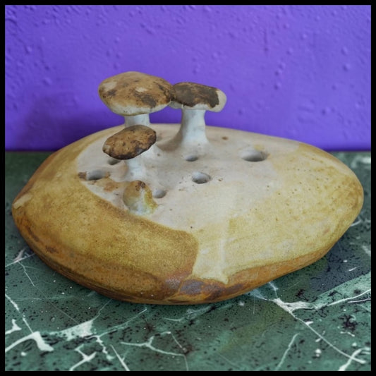 Vintage 1970’s Joyce McCollough Art Pottery Contemporary Style Stoneware Mushrooms on Log Flower Frog Sculpture