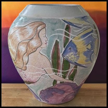1992 Bruce and Tami Odell Studio Pottery Crackle Glazed Clay Mermaid and Fish Sea Life Motifs Baluster Vase