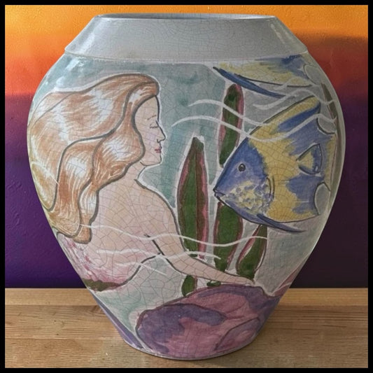 1992 Bruce and Tami Odell Studio Pottery Crackle Glazed Clay Mermaid and Fish Sea Life Motifs Baluster Vase