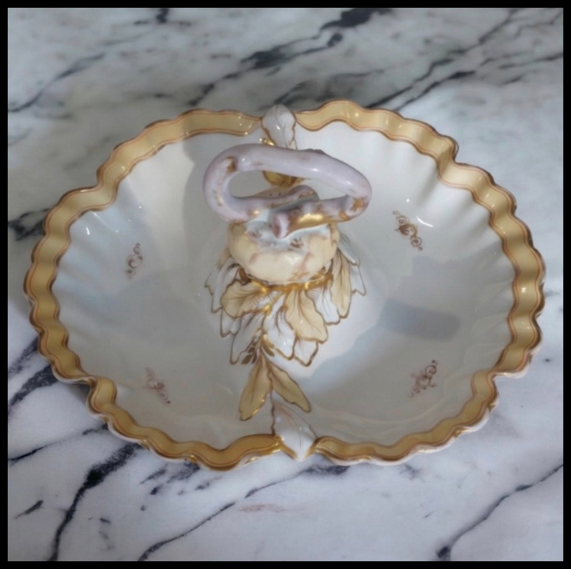 Circa 1880 Danish Victorian Art Nouveau Bing & Grondahl Porcelain Gilded Leaf Motifs Tidbit Server with Figural Onion Handle