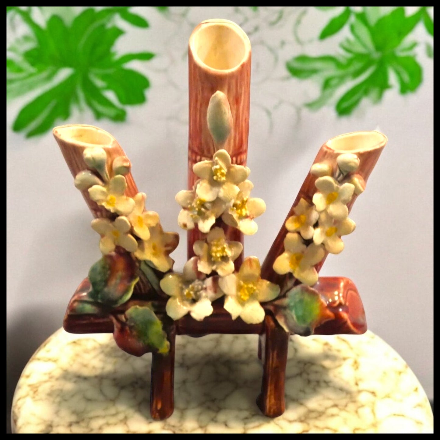 Late 19th Century French Majolica Pottery Log Form/Applied Flowers Bouquetiere Vase