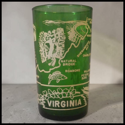 Vintage 1950's American Hazel Atlas Virginia State Souvenir Emerald Green Drinking Glass