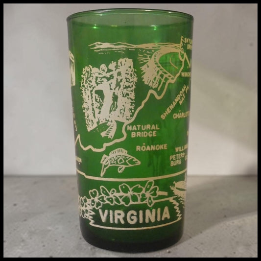Vintage 1950's American Hazel Atlas Virginia State Souvenir Emerald Green Drinking Glass