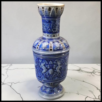 Late 19th Century German Renaissance Revival Westerwald Salt Glazed Stoneware Green Man/Cherubs/Mythical Figure Motifs Footed Rouleau Vase