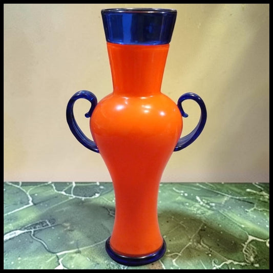 2001 American Ipso Facto Studio Art Glass Contemporary Style Orange/Blue Double Handled Vase