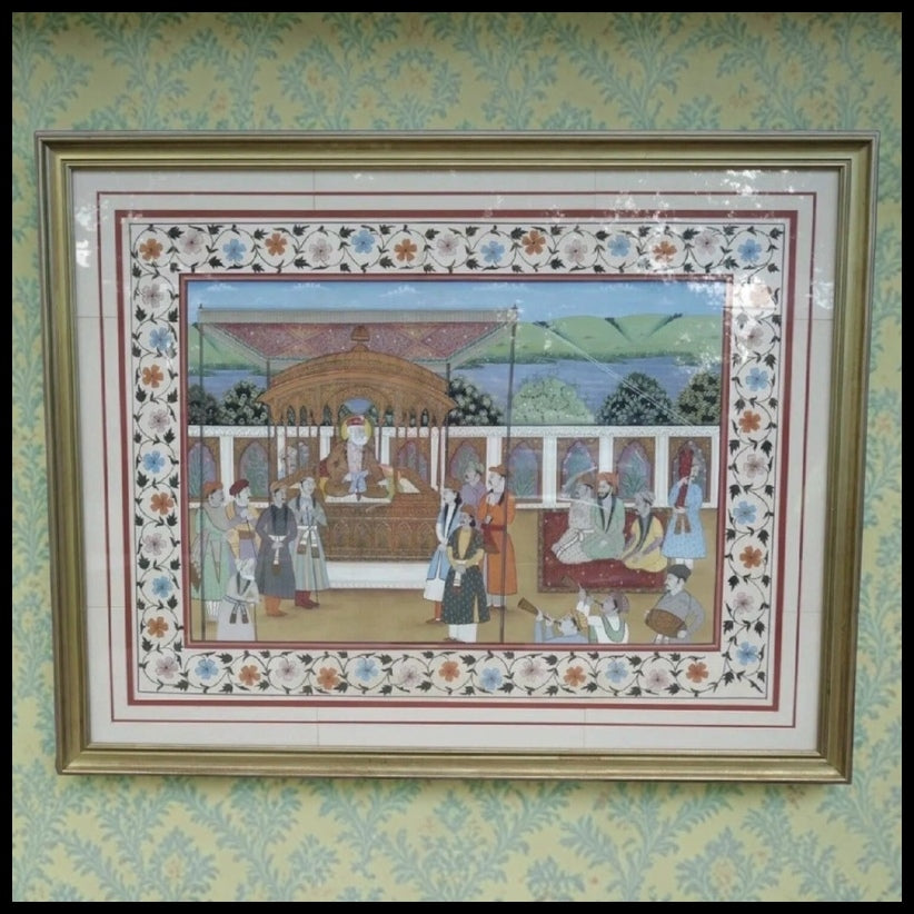 Vintage Circa 1970 Indian Sikh Mughal Emperor Akbar the Great with Followers Framed Silk Painting