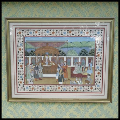 Vintage Circa 1970 Indian Sikh Mughal Emperor Akbar the Great with Followers Framed Silk Painting