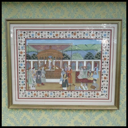 Vintage Circa 1970 Indian Sikh Mughal Emperor Akbar the Great with Followers Framed Silk Painting