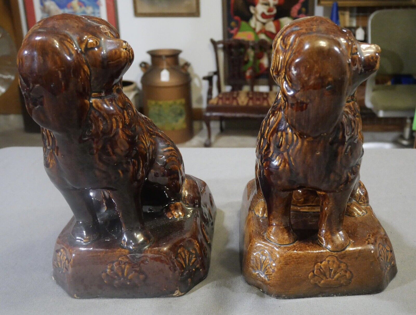 Pair of Circa 1860 American Pottery Rockingham Glaze Spaniel Doorstops/Mantel Dogs