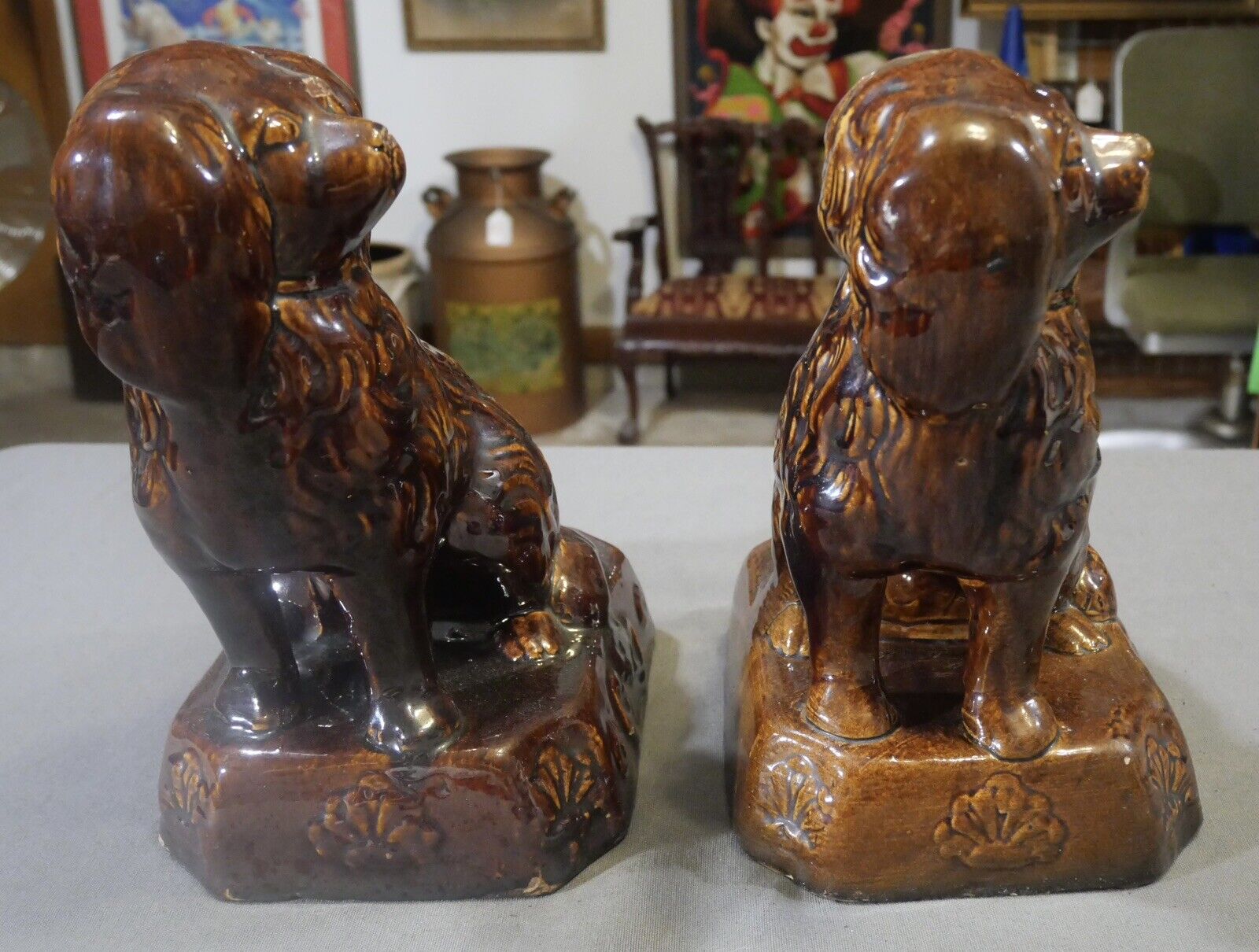 Pair of Circa 1860 American Pottery Rockingham Glaze Spaniel Doorstops/Mantel Dogs