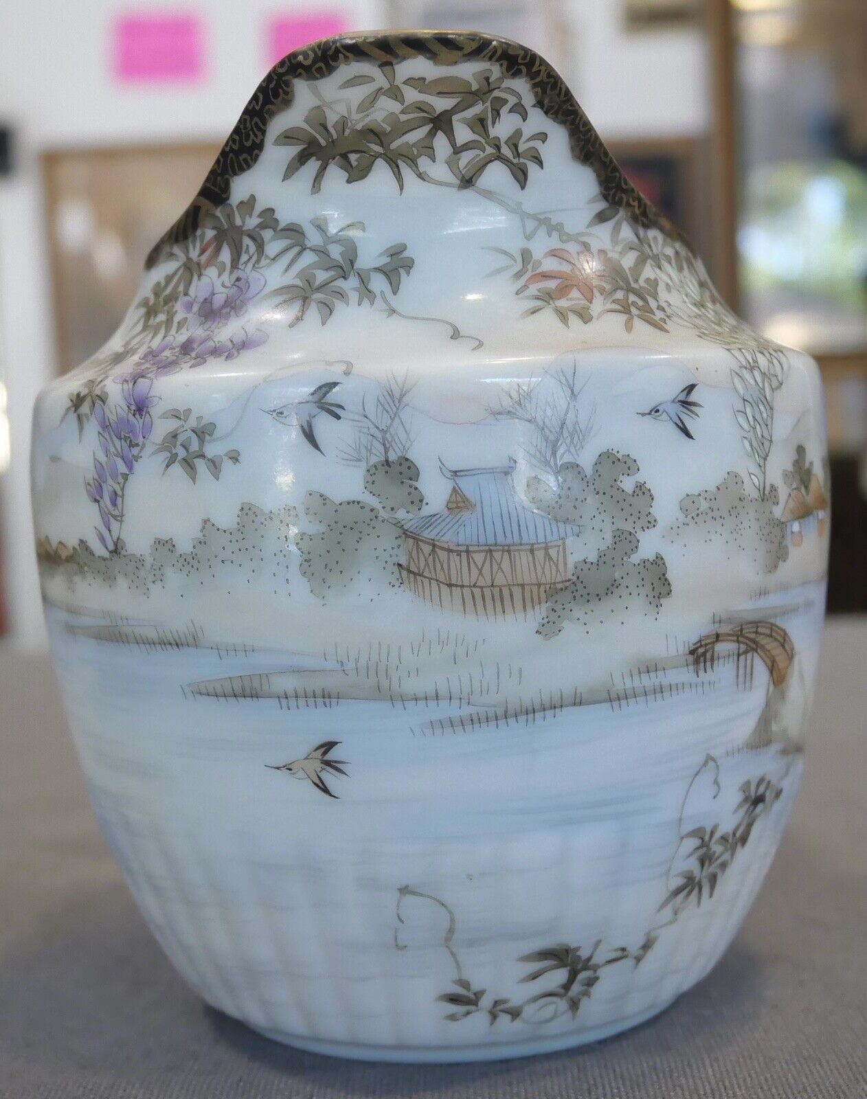 Circa 1920 Japanese Kutani Porcelain Landscape/Floral/Bird Motifs Lobed Base Creamer Pitcher (Taisho Period)