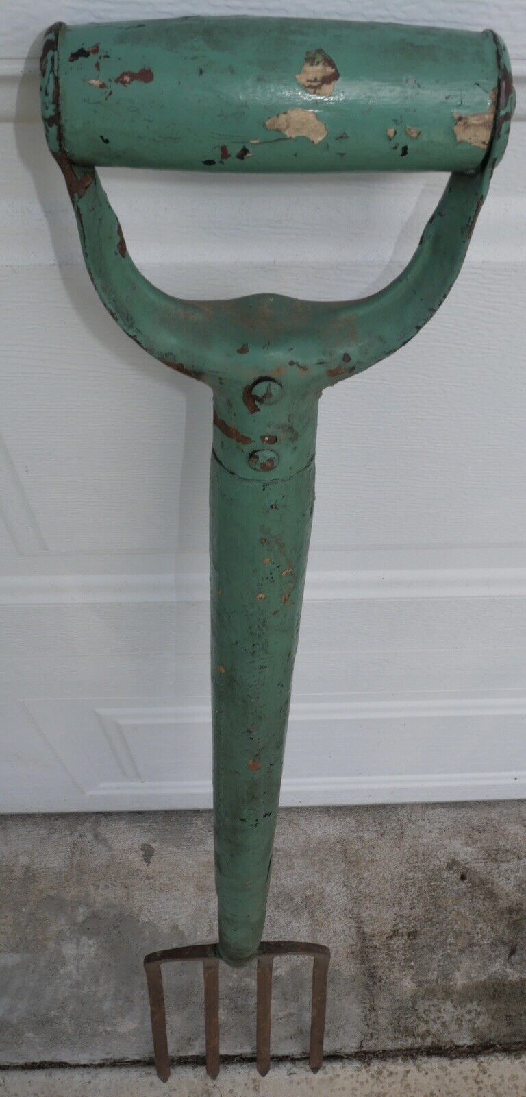 Circa 1920 American Primitive Pastel Green Painted Wood Handle Metal Hayfork