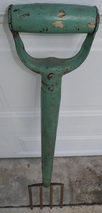Circa 1920 American Primitive Pastel Green Painted Wood Handle Metal Hayfork