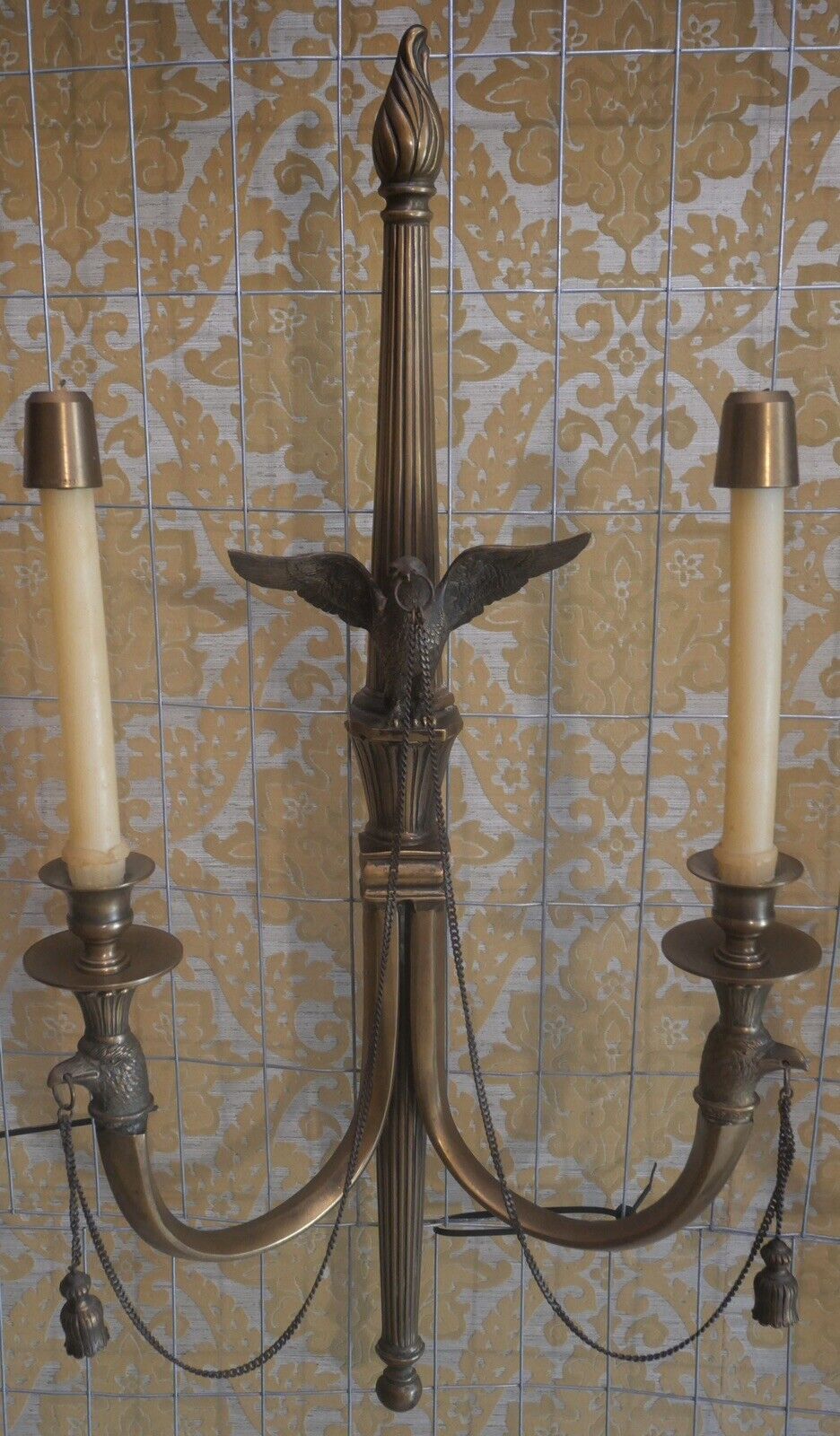 Pair of 1980's American Federal Style Gilt Brass Eagle/Torch Candelabra Sconces