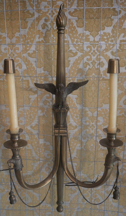 Pair of 1980's American Federal Style Gilt Brass Eagle/Torch Candelabra Sconces