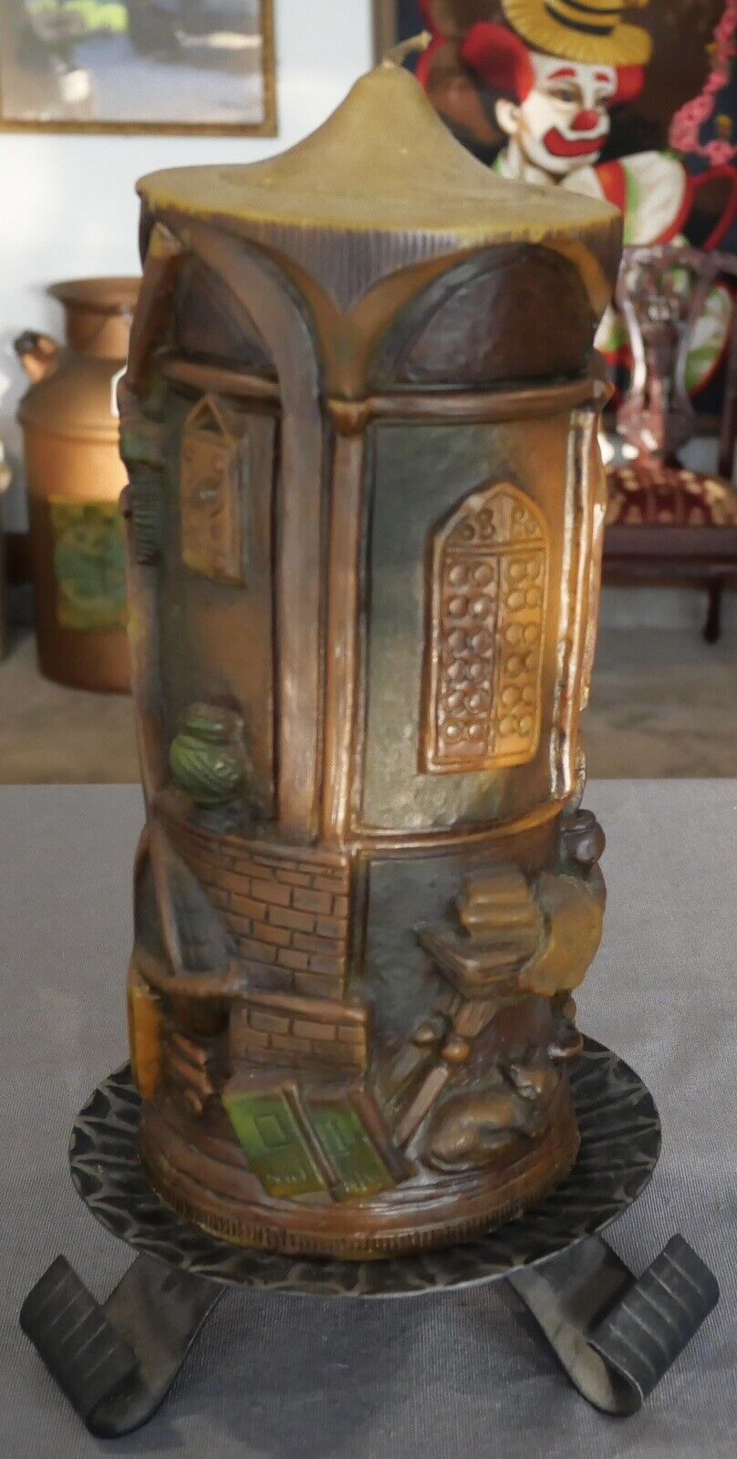 Mid 20th Century German Johann Gunter Observatory Scene Carved Candle with Stand