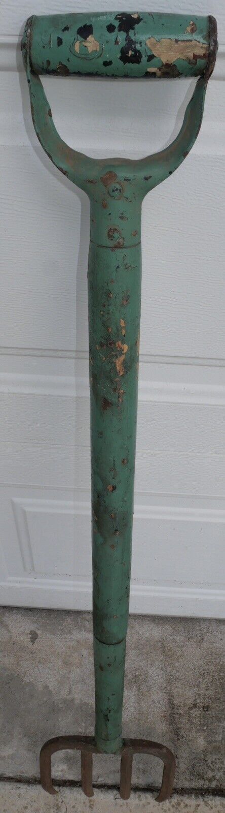 Circa 1920 American Primitive Pastel Green Painted Wood Handle Metal Hayfork