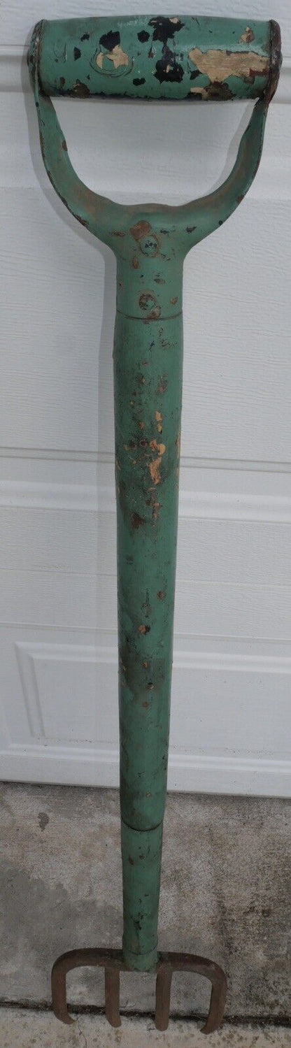 Circa 1920 American Primitive Pastel Green Painted Wood Handle Metal Hayfork