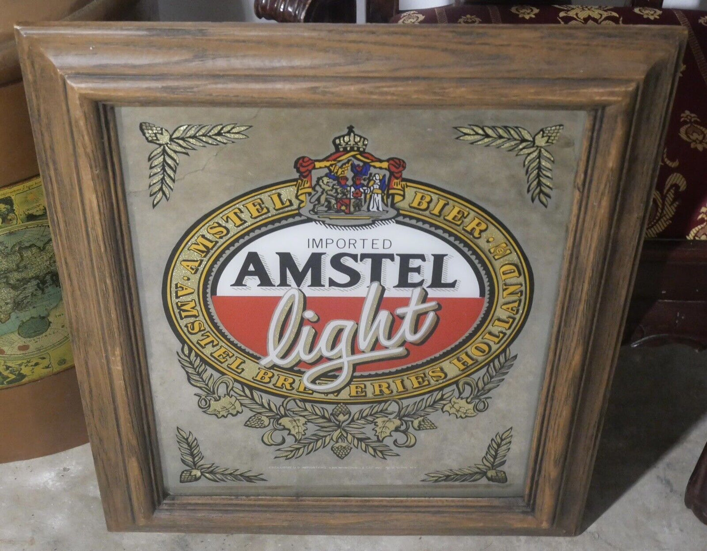 Vintage 1970's Amstel Light Beer Gold Foil Faux Wood Frame Bar Mirror