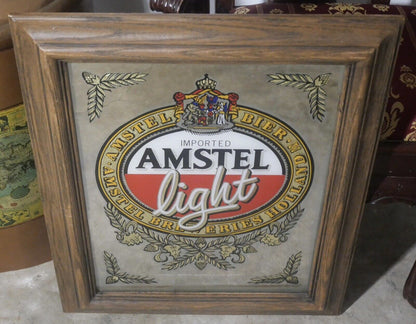 Vintage 1970's Amstel Light Beer Gold Foil Faux Wood Frame Bar Mirror