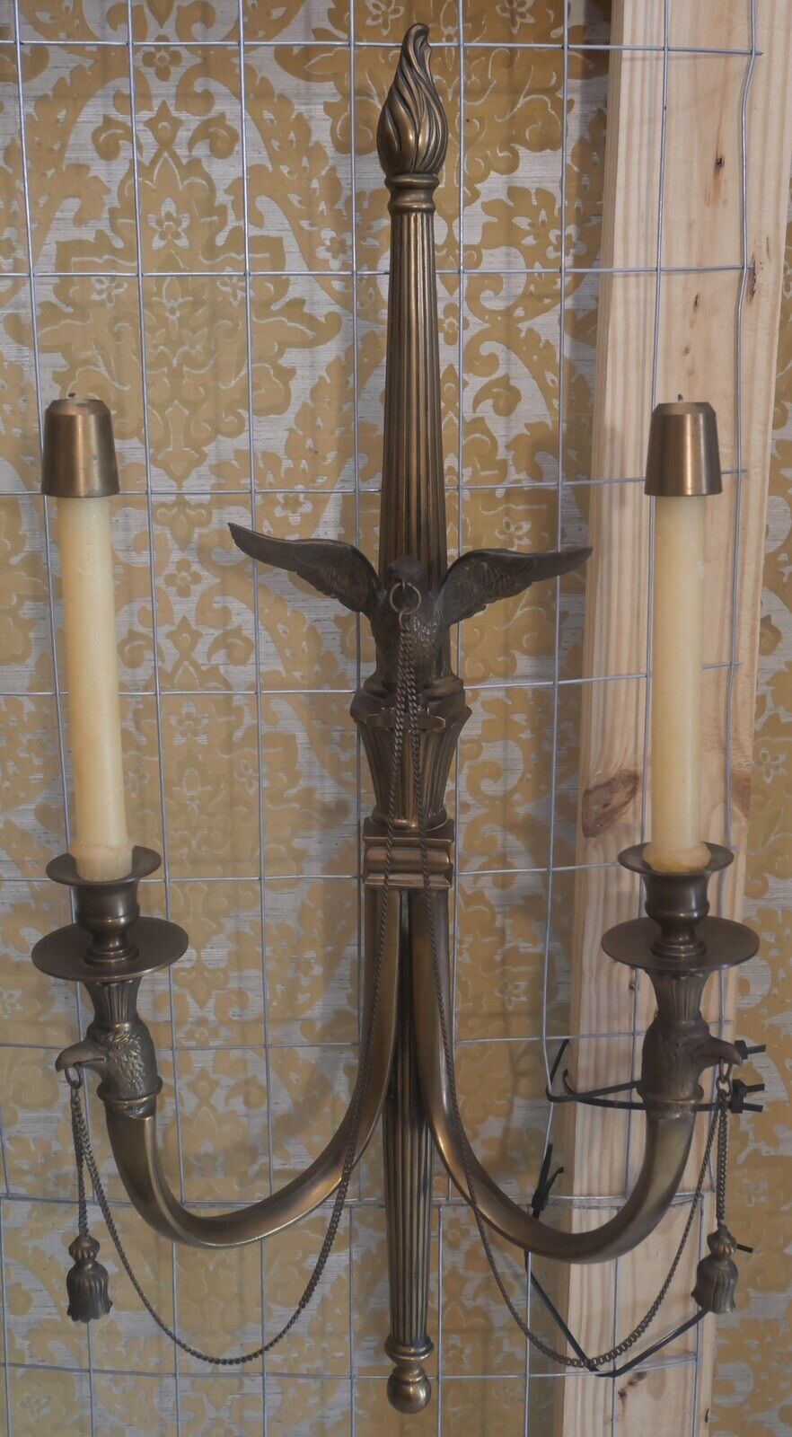 Pair of 1980's American Federal Style Gilt Brass Eagle/Torch Candelabra Sconces