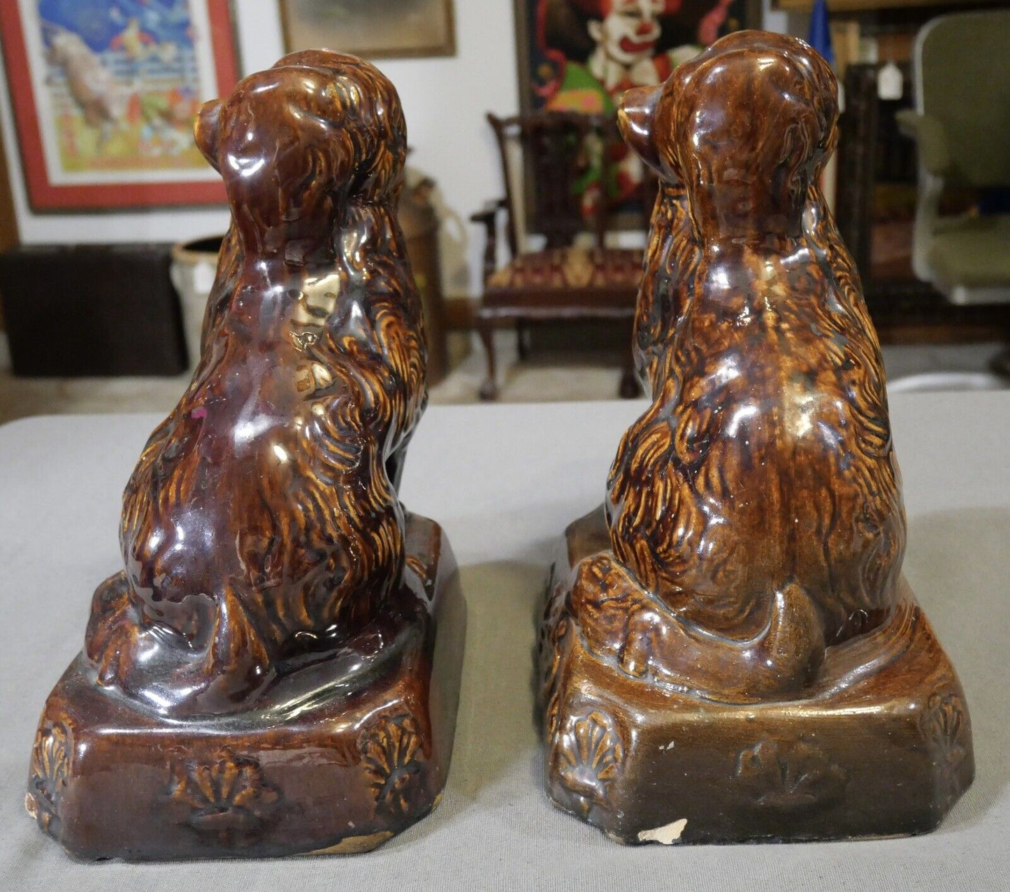 Pair of Circa 1860 American Pottery Rockingham Glaze Spaniel Doorstops/Mantel Dogs