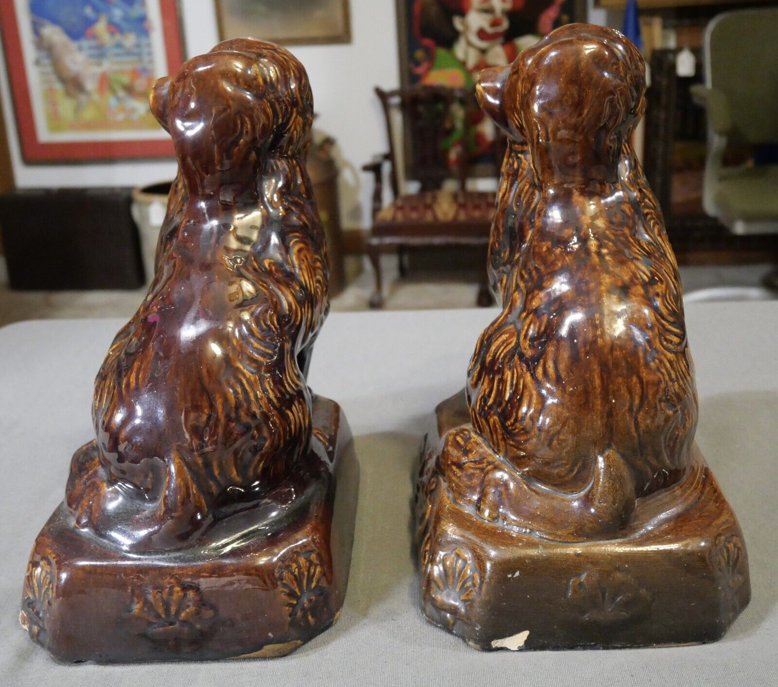 Pair of Circa 1860 American Pottery Rockingham Glaze Spaniel Doorstops/Mantel Dogs