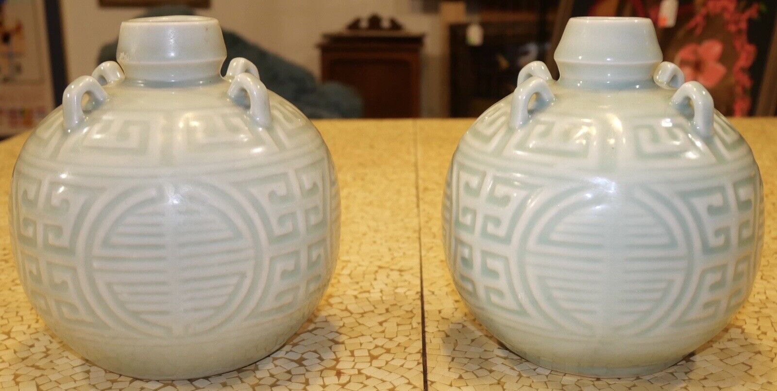 Pair of Vintage Circa 1970 Chinese Longquan Celadon Porcelain Shou Motifs Rotund Wine Jugs