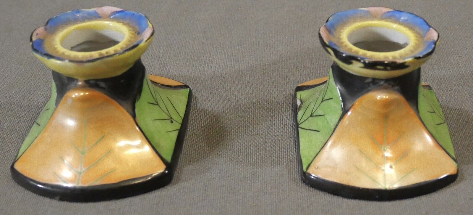Pair of Mid 20th Century Japanese Lusterware Porcelain Leaf Motifs Candlesticks