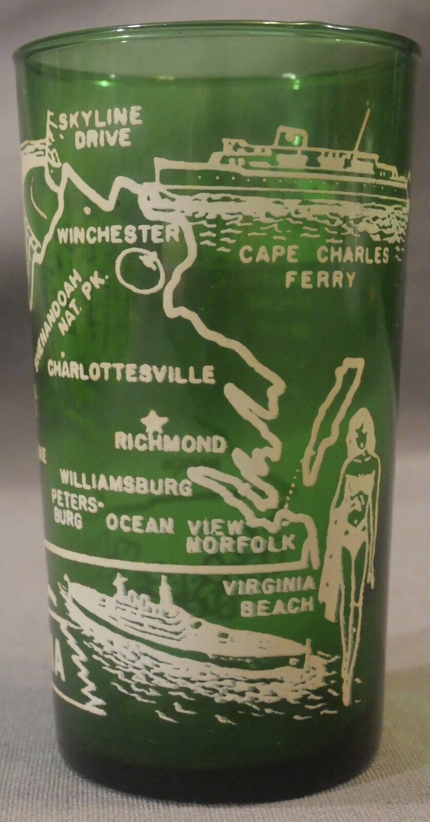 Vintage 1950's Virginia State Souvenir Emerald Green Drinking Glass