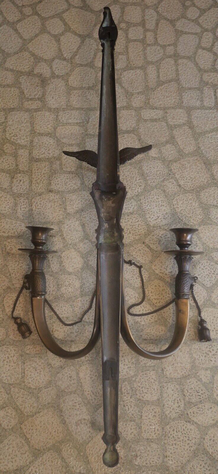 Pair of 1980's American Federal Style Gilt Brass Eagle/Torch Candelabra Sconces