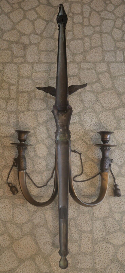 Pair of 1980's American Federal Style Gilt Brass Eagle/Torch Candelabra Sconces